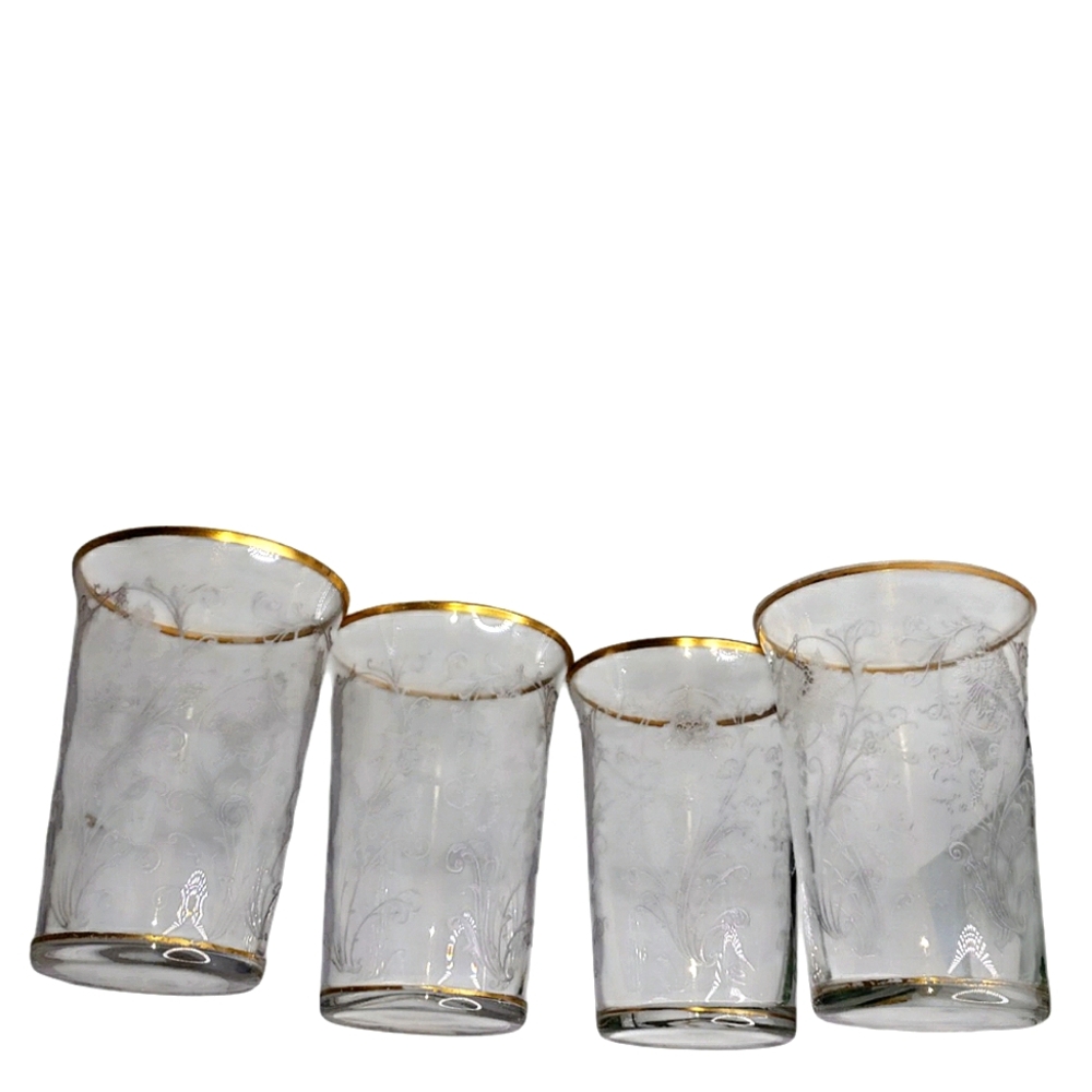 Vintage Antique Set Fostoria Woodland Gold Rim Etched Grape Botanical Glasses 4